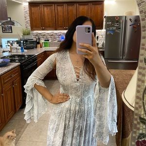 Style Stalker White Print Ruffle Bell Sleeves Lace Up Open Back Boho Dress